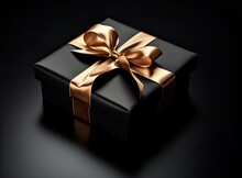 Craft Gift Box On A Dark Background, Decorated With A Textured Bow And Feathers, Creating A Romantic Luxury Atmosphere. For Birthday, Anniversary Presents, Created With Generative AI Technology.