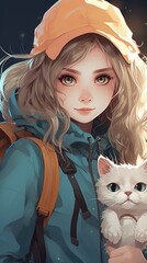 Wall Mural - Anime girl with a cat.Generative AI