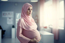 Generative AI Illustration Of Pregnant Muslim Young Woman In Hospital Room