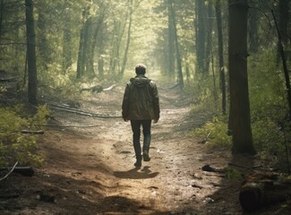 Confused man chooses road outdoor. Created with Generative AI technology.