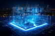 © Eduardo Lopez - Generative AI computer screen view illustration of futuristic architecture with digital connection