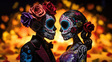 Colorful Mexican Day Of The Dead Skull. Romantic Skull Couple With Flowers And Sunlight Background. Mexican Celebration Inspired Image.