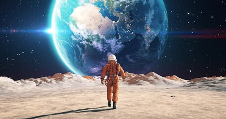 Wall Mural - male astronaut in space suit walking on an alien planet. planet earth is visible. space related slow
