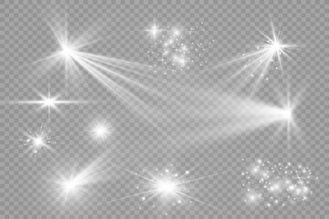 Fototapete - Special lens flash, light effect. The flash flashes rays and searchlight. illust.White glowing light. Beautiful star Light from the rays. The sun is backlit. Bright beautiful star. Sunlight. Glare.