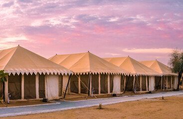 Luxury tents for Tourist with Dramatic sky during sunrise