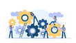 © GOLDMAN - Man and woman business organization with circle gear vector concept illustration mechanism teamwork. Skill job cooperation coworker person. Group company process development structure workforce banner