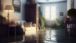 canvas print picture - Flooding in the house interior, insurance case. Flood background with copy space Ai generated image