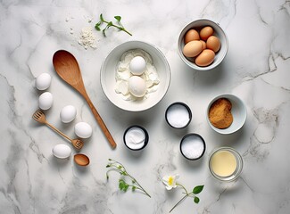 Wall Mural - Baking culinary ingredients. Eggs, flour, whisk and kitchen textile on bright grey concrete background. Cookies, pie or cake recipe mockup. Top view. Created with Generative AI technology.