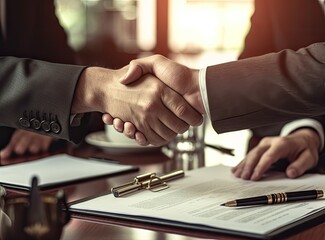 Close up of two businessmen shaking hands in blurred office with computer and contract on table. Concept of partnership and communication Created with Generative AI technology.