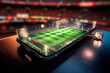 Virtual sports betting on soccer using smartphone, currency and ball. Generative AI	
