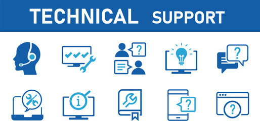 Wall Mural - IT support vector illustration. Blue concept with icons related to IT helpdesk, hotline or helpline, remote or online tech support, technical assistance, specialist software support.