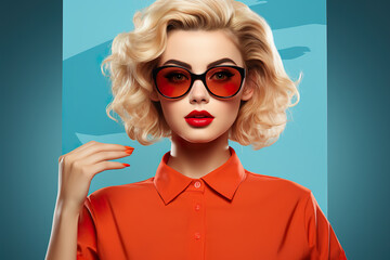 Wall Mural - A woman in a red shirt and black sunglasses. Generative AI. 70s fashion style, retro styled image.