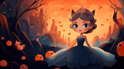 Wall Mural - cute Halloween princess wearing beautiful gown walking in autumn forset, Generative Ai