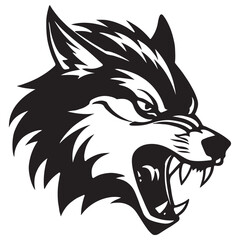 Angry Wolf Head Black and White Tattoo Illustration.