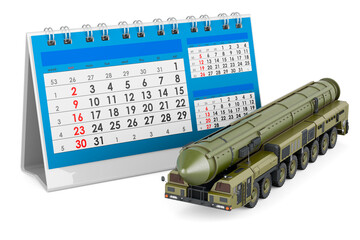 Canvas Print - Scud missile, mobile short-range ballistic missile system with desk calendar. 3D rendering