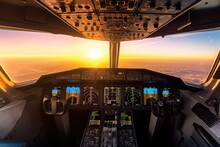 Cockpit View Of Modern Airplane In Flight During The Sun, AI Generated