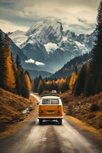 Camper Van Driving Through The Mountains
