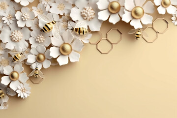 Wall Mural - Gold pastel background with flowers and bees  mockup template