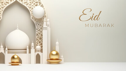 A white and gold mosque with golden eggs. Generative AI. Eid Mubarak.