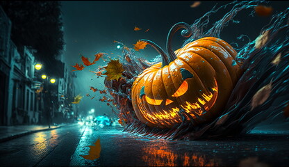 Wall Mural - Conceptual Halloween wallpaper with a pumpkin with a glowing face with an ominous looking splash and swirl of water.Generative AI