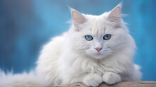 White Fluffy Cat With Bright Blue Eyes On A Blue Background. AI Generation