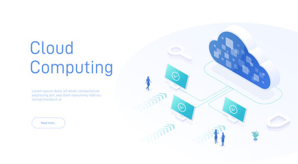Cloud storage upload, download information. Data in database on cloud services. Digital service or app with data transfering. Online computing technology. 3d servers and datacenter connection network.