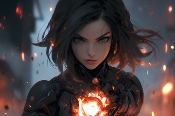 Wall Mural - female cyborg ready for battle, japanese animation style illustration artwork. generative AI