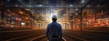 A Man Wearing A Hard Hat Standing In Front Of Train Tracks Generative Ai