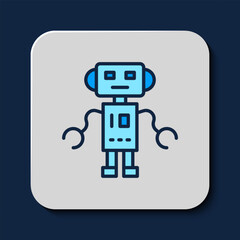 Wall Mural - Filled outline Robot toy icon isolated on blue background. Vector