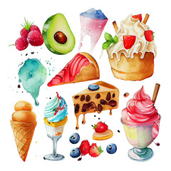 Wall Mural - set of cakes and desserts. set of food. food and drinks. Watercolor drawings of delicious desserts.