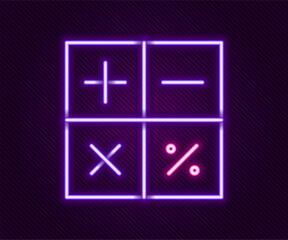 Sticker - Glowing neon line Calculator icon isolated on black background. Accounting symbol. Business calculations mathematics education and finance. Colorful outline concept. Vector