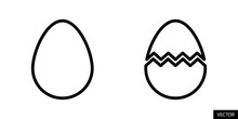 Egg And Broken Egg Vector Icons In Line Style Design For Website, App, Ui, Isolated On White Background. Editable Stroke. Vector Illustration.