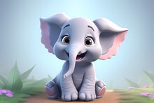 Cute Elephant Cub, Baby Illustration, 3d Render Style, Children Cartoon Animation Style