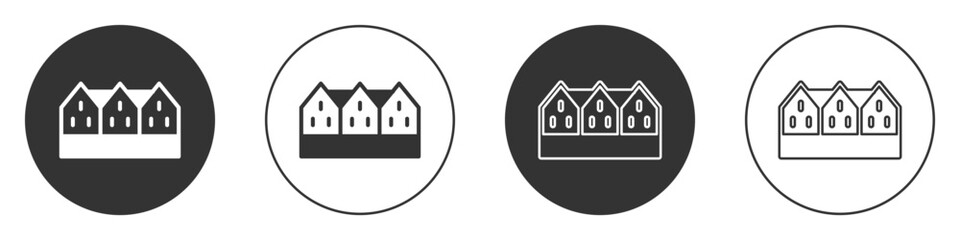 Sticker - Black Icelandic wooden house icon isolated on white background. Architecture element of Iceland. Circle button. Vector