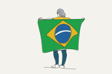 Color illustration of a man holding a Brazilian flag. 7 de setembro one-line drawing