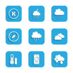 Poster - Set Cloud with rain, Weather forecast, Meteorology thermometer, Compass, and Kelvin icon. Vector