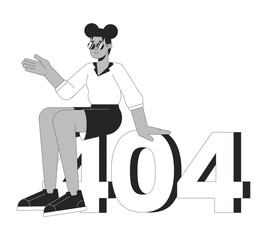 African american young girl sitting on black white error 404 flash message. Sunglasses cool girl. Monochrome empty state ui design. Page not found popup cartoon image. Vector flat outline illustration