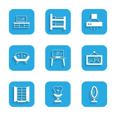 Sticker - Set TV table stand, Armchair, Mirror, Picture, Wardrobe, Sofa, Kitchen extractor fan and icon. Vector