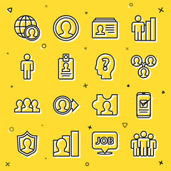 Poster - Set line Users group, Smartphone, Project team base, Resume, Identification badge, of man, Globe and people and Head with question mark icon. Vector