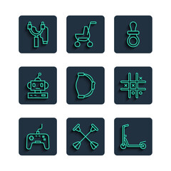 Sticker - Set line Gamepad, Arrow with sucker tip, Scooter, Baby dummy pacifier, Bow toy, Robot, Slingshot and Tic tac toe game icon. Vector