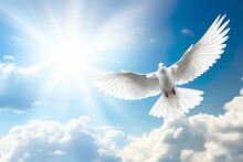 Spirit Of God Background Banner Panorama - White Dove With Wings Wide Open In The Blue Sky Air With Clouds And Sunbeams | Generative AI