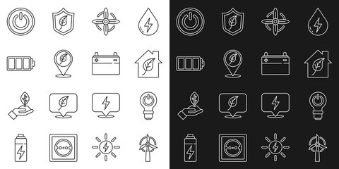 Sticker - Set line Wind turbine, Light bulb with lightning, Eco friendly house, Location leaf, Battery, Power button and Car battery icon. Vector