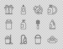 Set Line Mop And Bucket, Wet Wipe Pack, Washing Dishes, Vacuum Cleaner, Rubber Gloves, Dishwashing Liquid Bottle, Bucket And Bottle For Cleaning Agent Icon. Vector