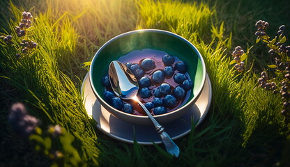 Wall Mural - A bowl of blueberries stands on the grass in the sunlight.Generative AI