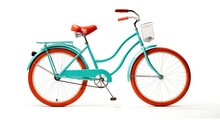  A Blue And Orange Bike With A Basket And Seat On A White Background.  Generative Ai