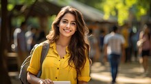 Young Indian Girl Walking On The College Campus Generative Ai 