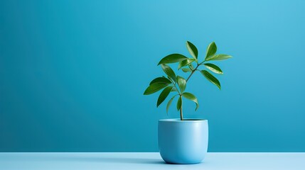 Sticker -  a small plant in a blue vase on a blue background.  generative ai