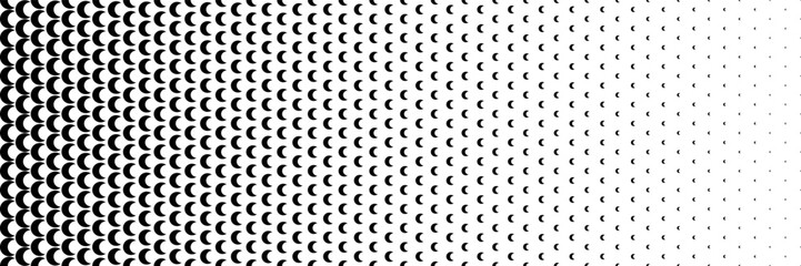 horizontal black halftone of crescent moon design for pattern and background.