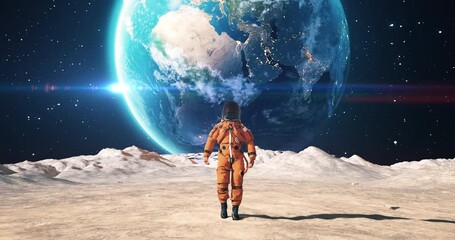 Wall Mural - young male astronaut in space suit confidently walking on an alien planet. planet earth is visible i
