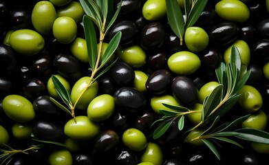 Pattern of green and black olives. Generative AI.